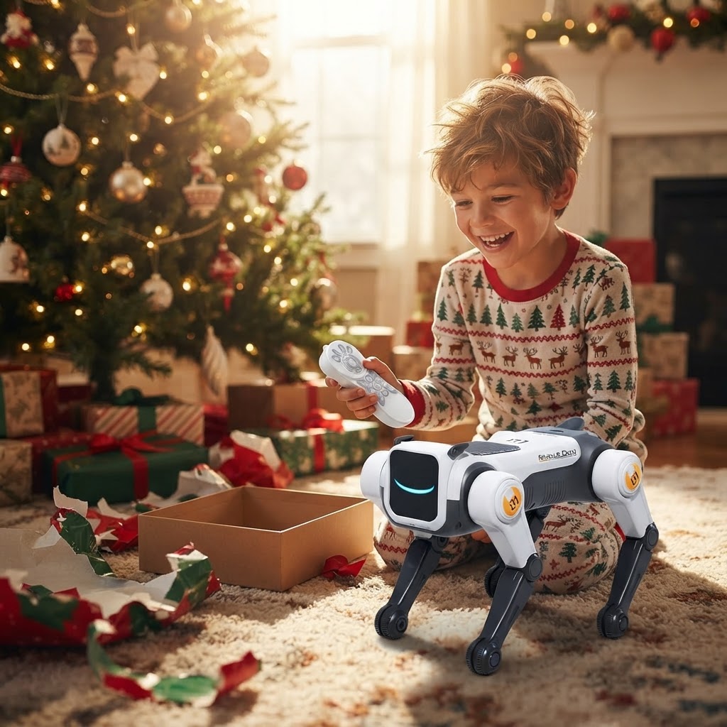 Boy opening the robot dog on Christmas morning