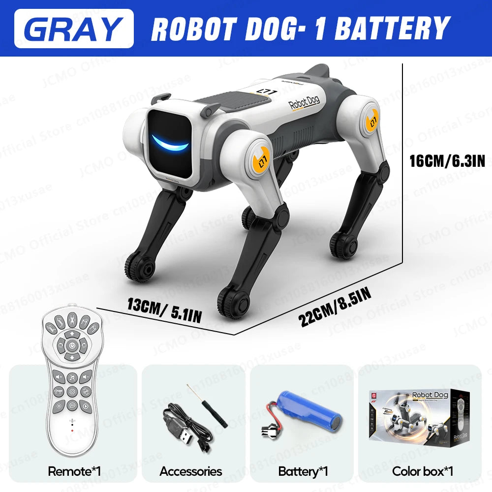Gray robot dog size 8.7 x 5.1 x 6.3 in with remote, accessories, battery and color box