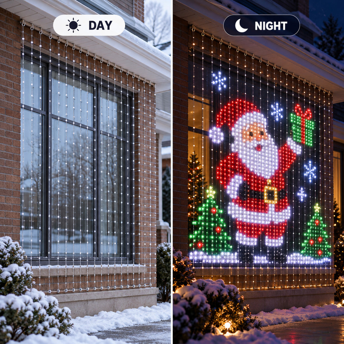 LED curtain display by day and by night on a window