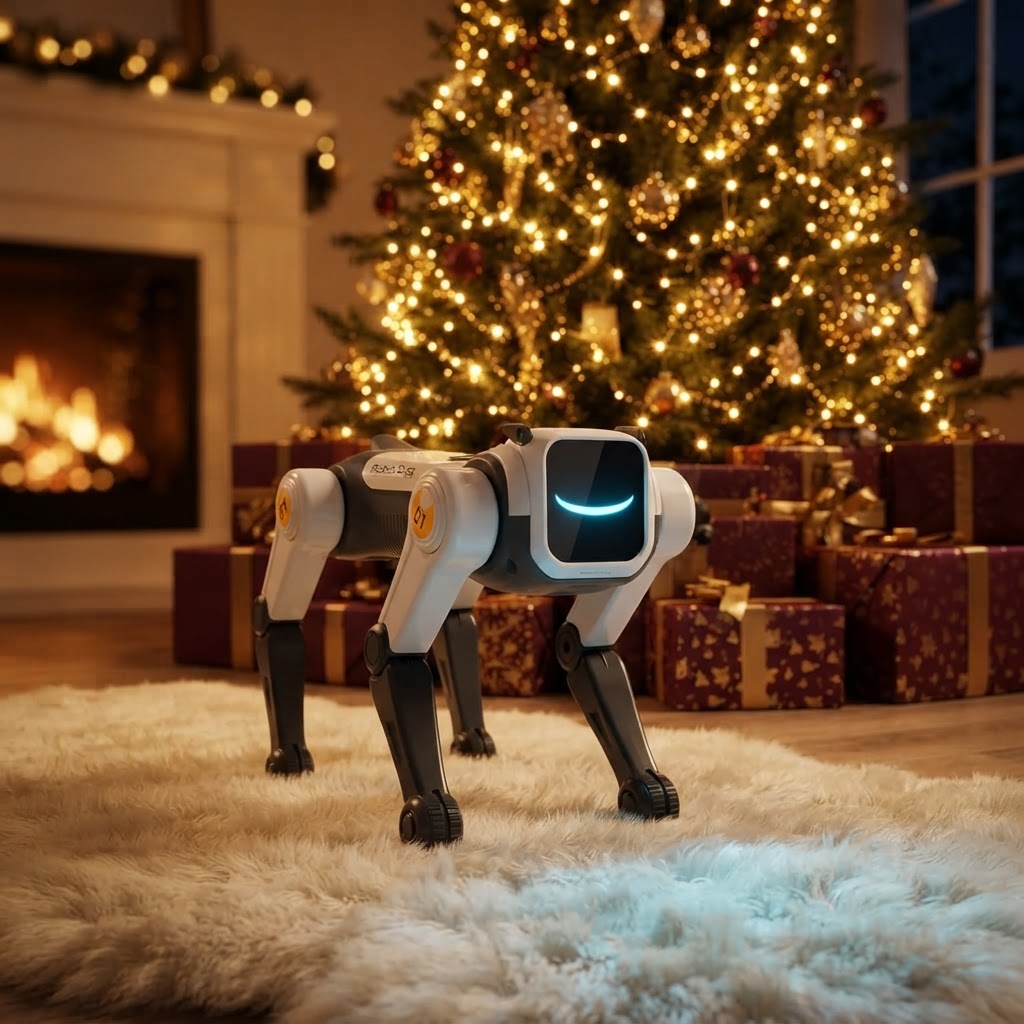 AI smart robot dog with a glowing LED smile in front of a lit Christmas tree