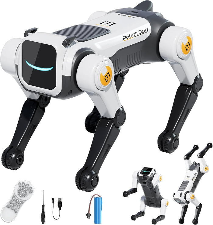 Gray AI smart robot dog with remote control, rechargeable battery and accessories
