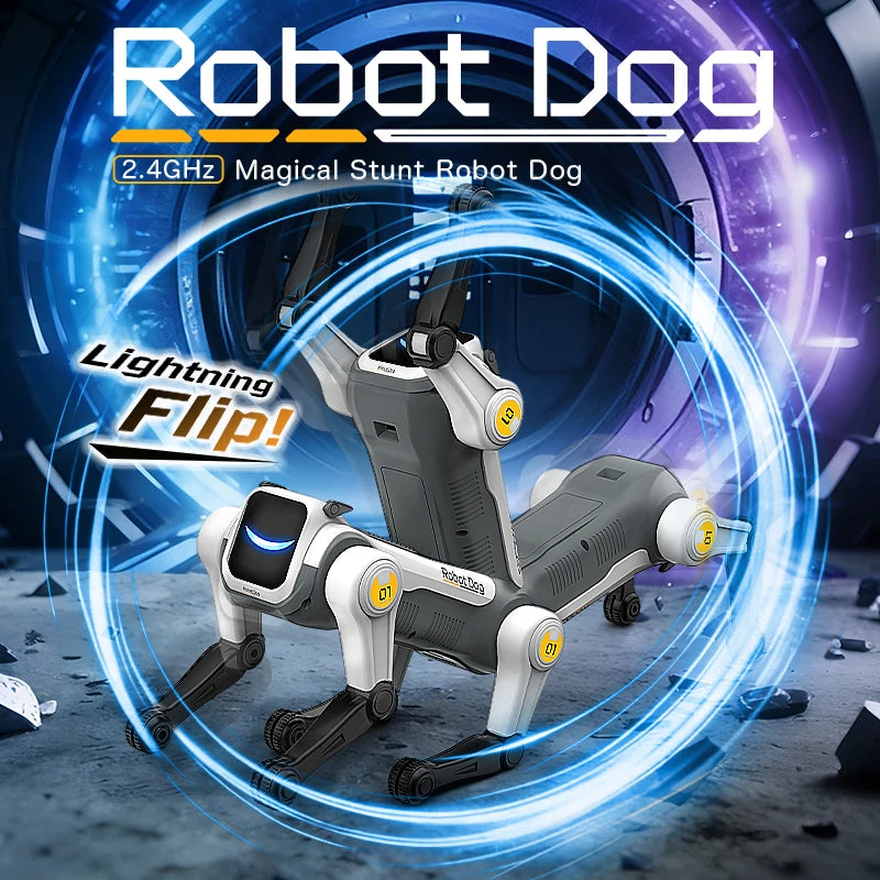 Robot dog performing a lightning flip stunt