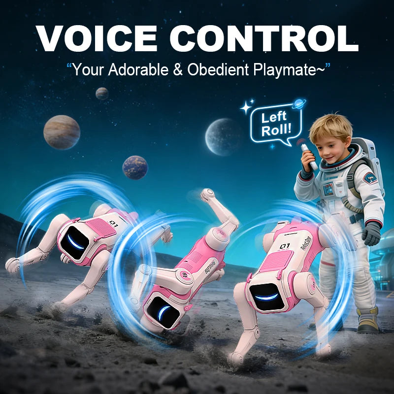 Voice control: the robot dog rolls on command