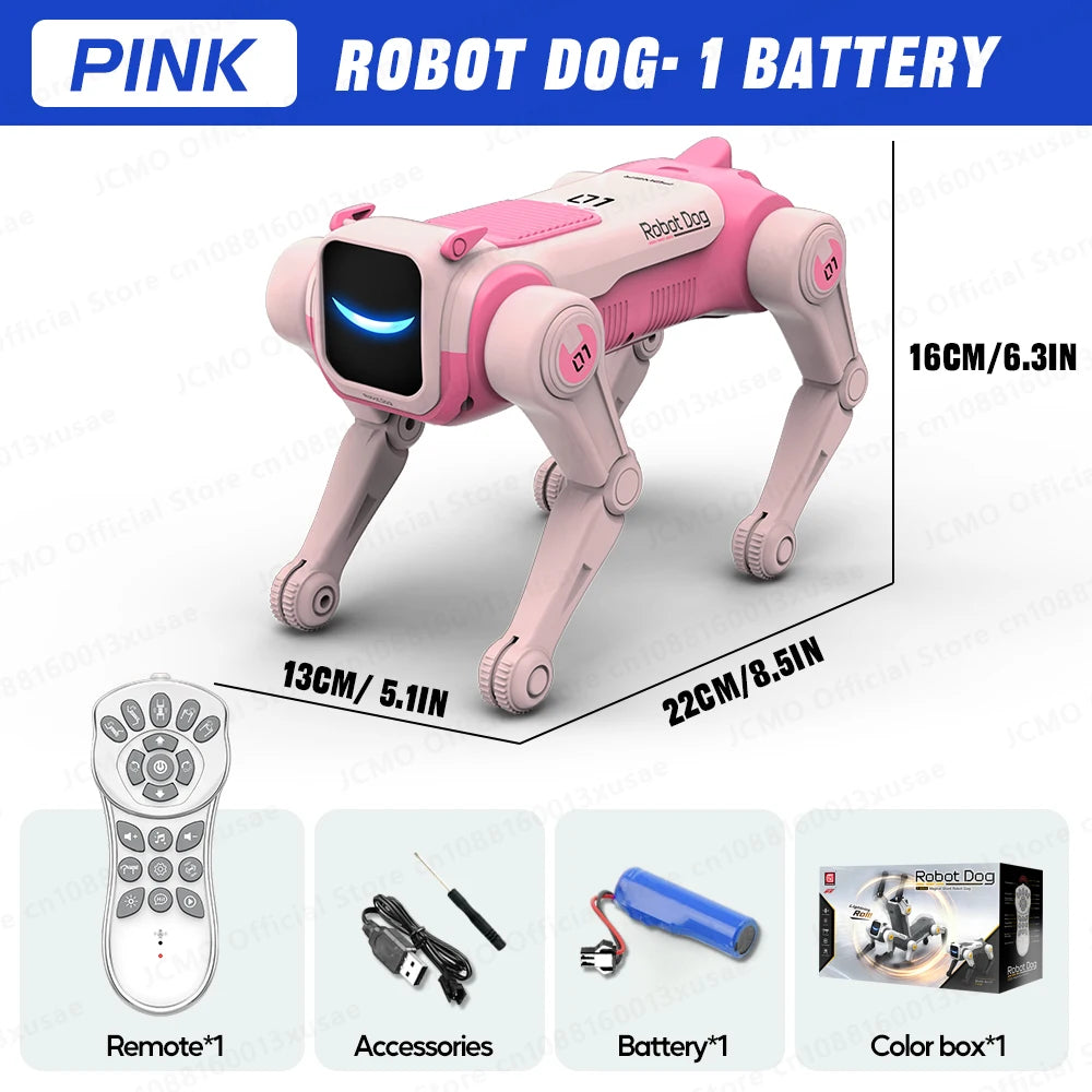 Pink robot dog size 8.7 x 5.1 x 6.3 in with remote, accessories, battery and color box