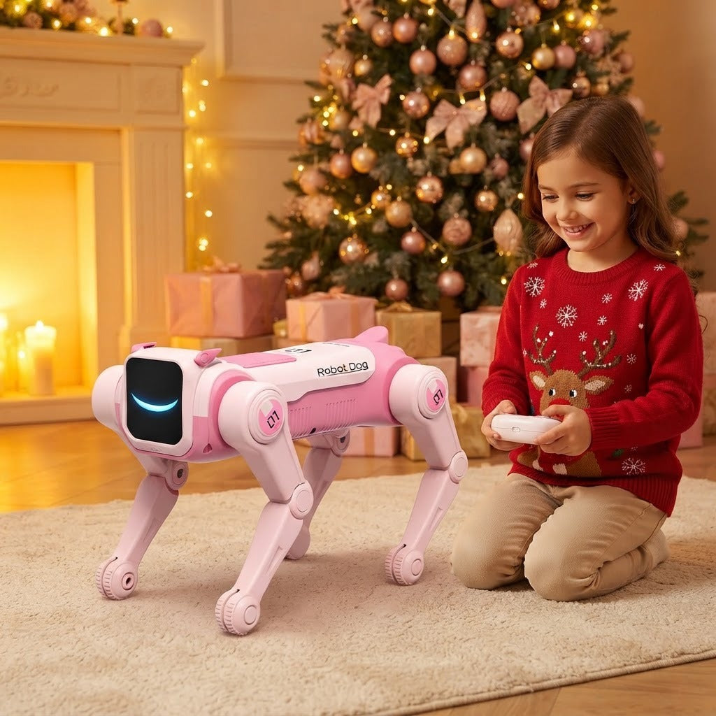 Girl playing with the pink robot dog by the Christmas tree