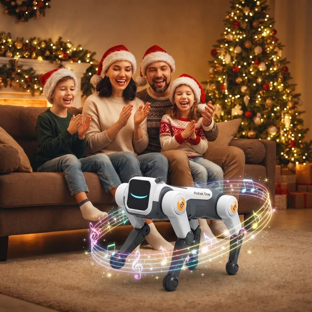 Family in Santa hats watching the robot dog dance