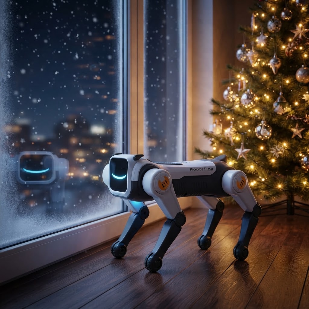 Robot dog with glowing LED face by a snowy window at Christmas