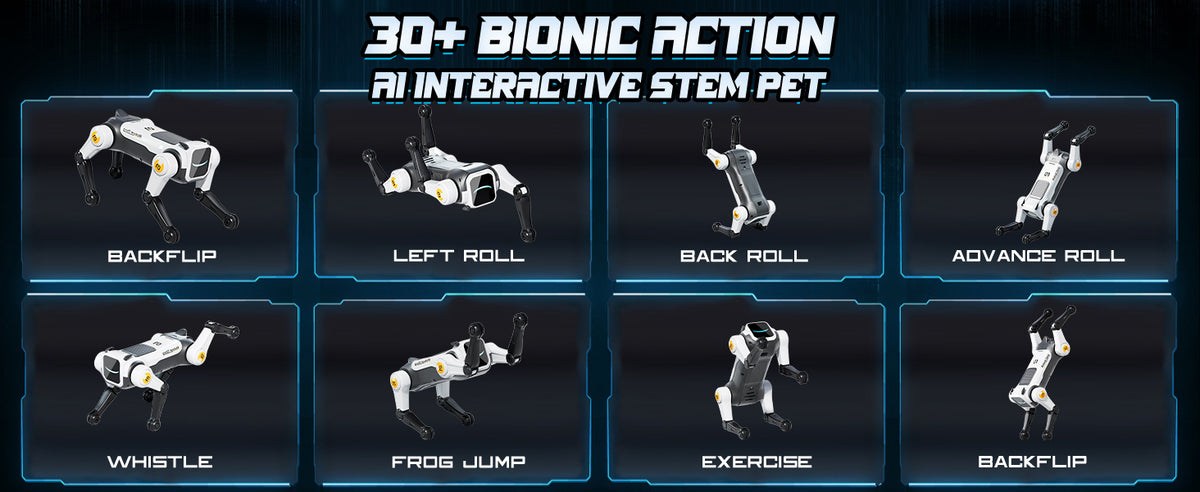 30+ bionic actions: backflip, left roll, back roll, advance roll, whistle, frog jump, exercise