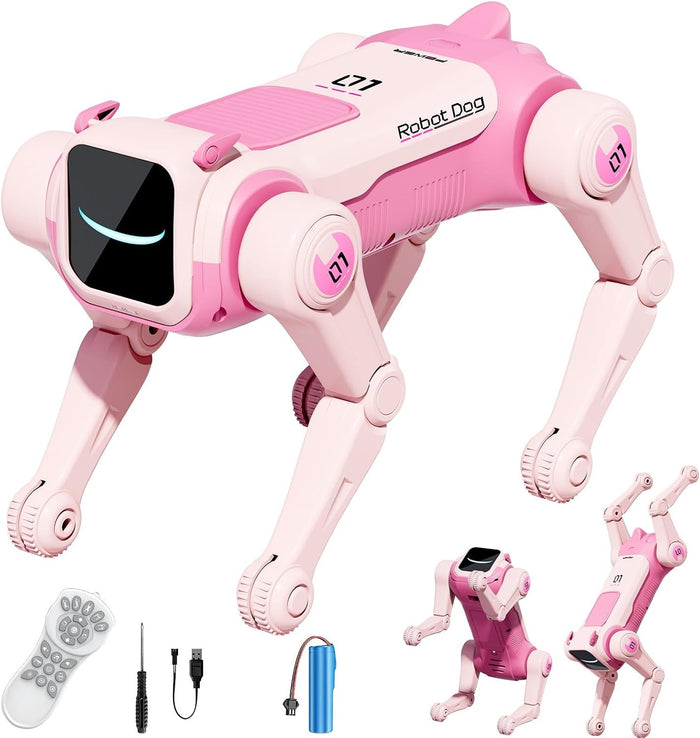Pink AI smart robot dog with remote control, rechargeable battery and accessories