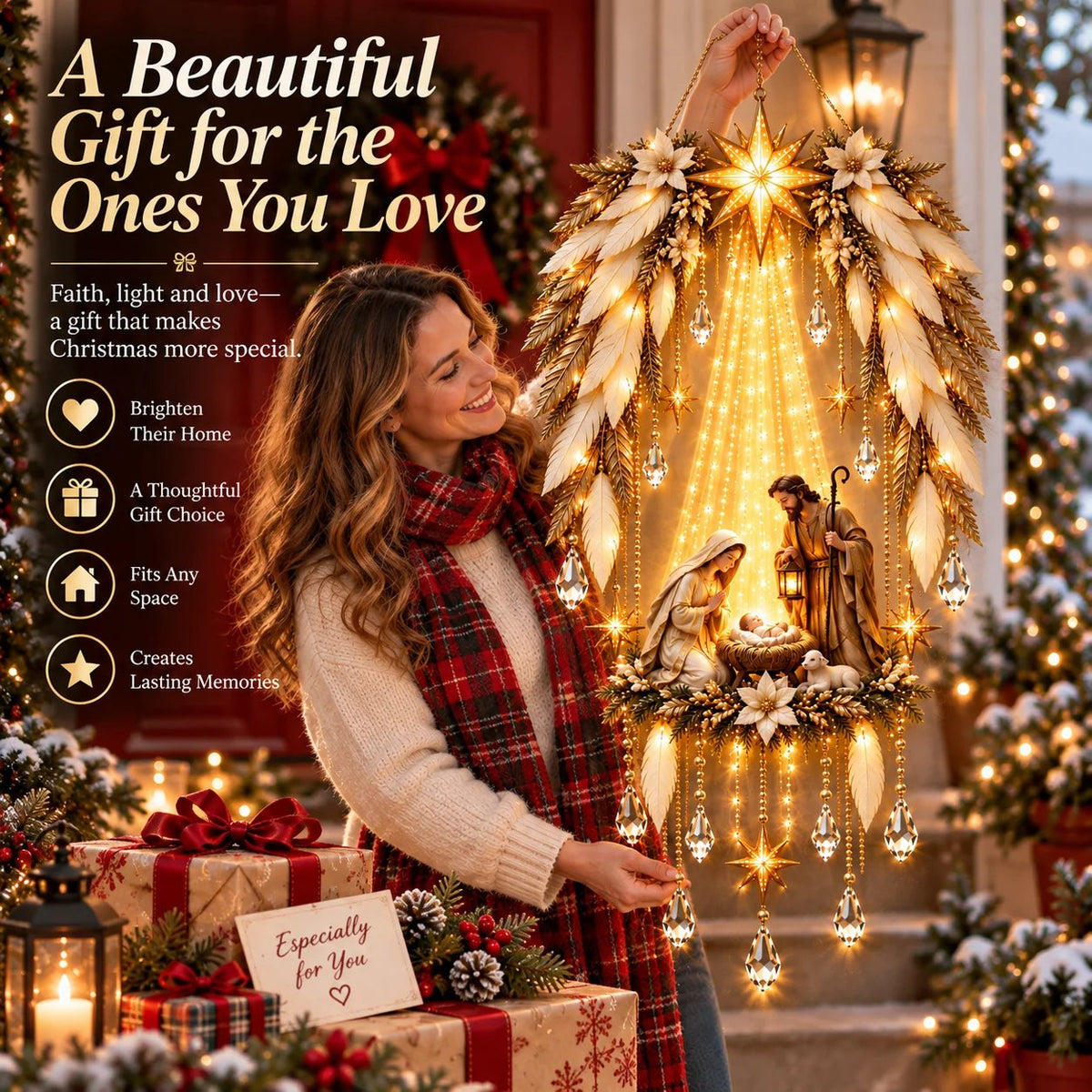 Woman holding the glowing Angel Wings Nativity Wall Light as a Christmas gift
