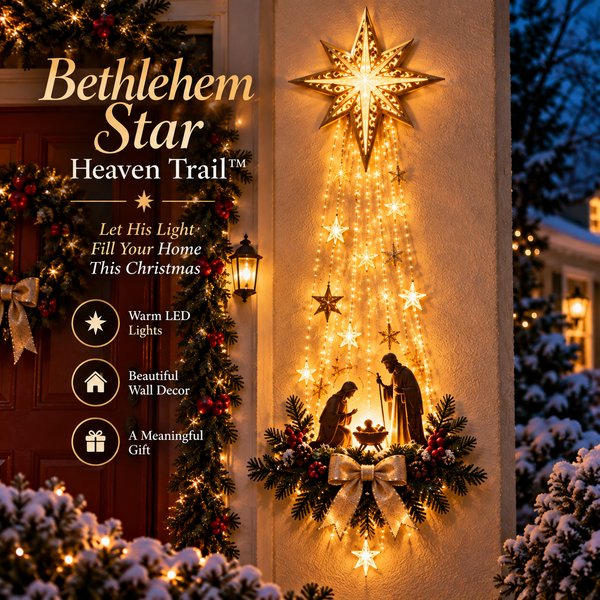 Bethlehem Star nativity wall light glowing on a front porch wall