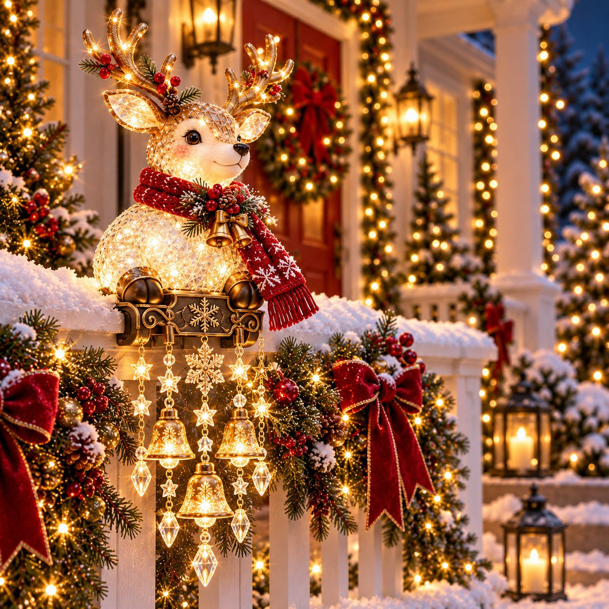 Glowing Reindeer railing light with hanging snowflakes