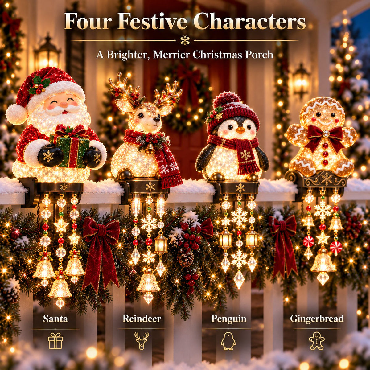 Four festive character railing lights