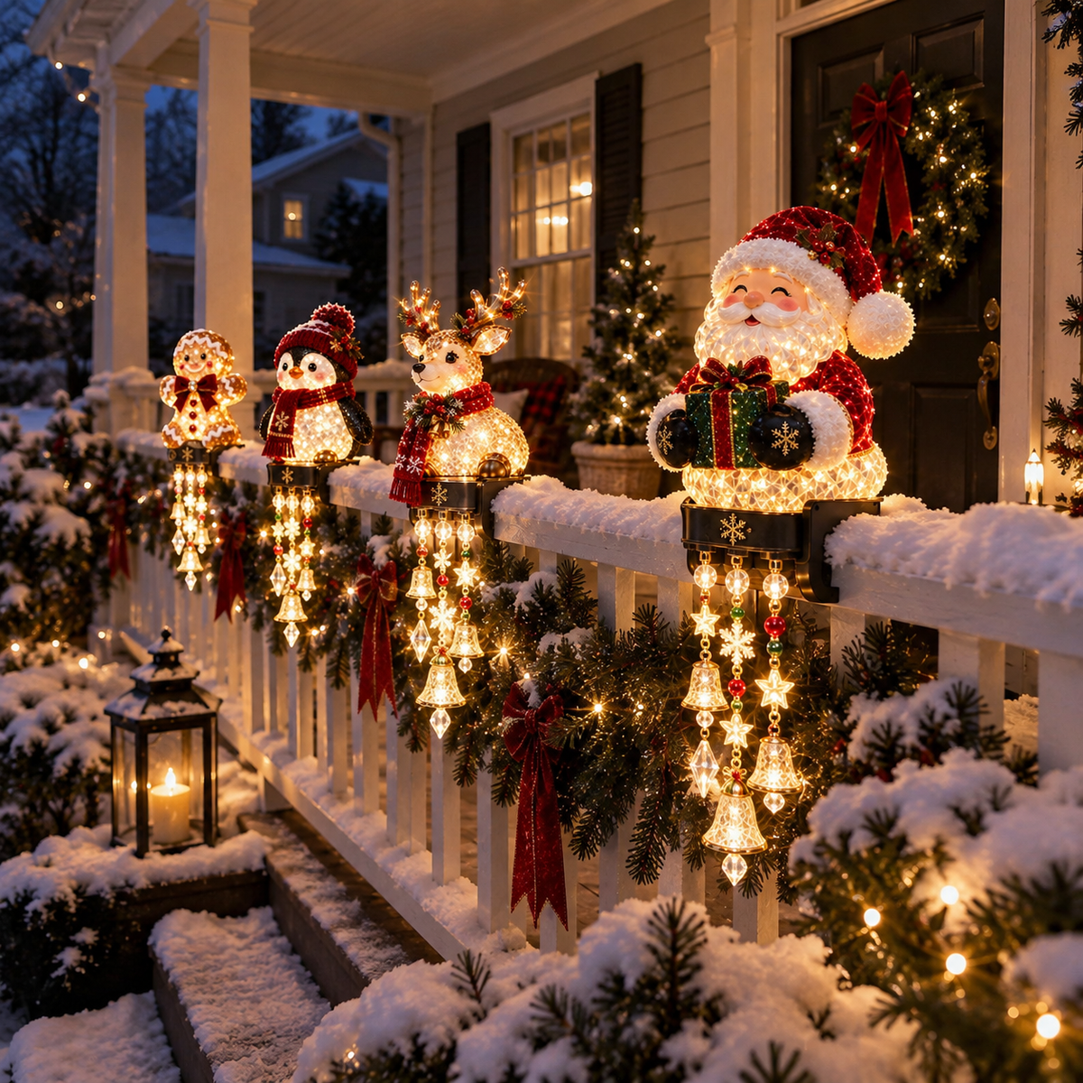 Porch railing lined with glowing character lights