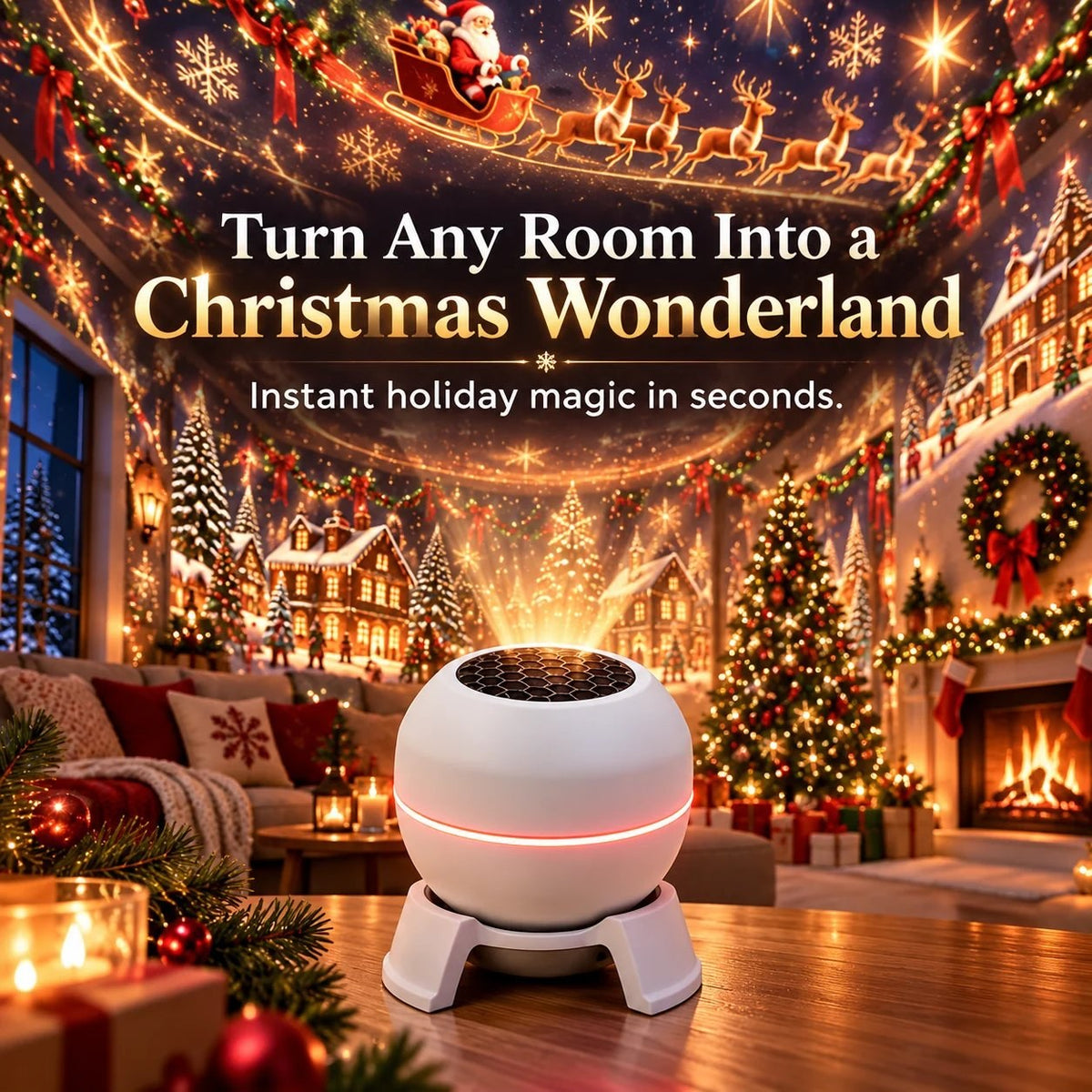 Christmas projector turning a living room into a Christmas wonderland