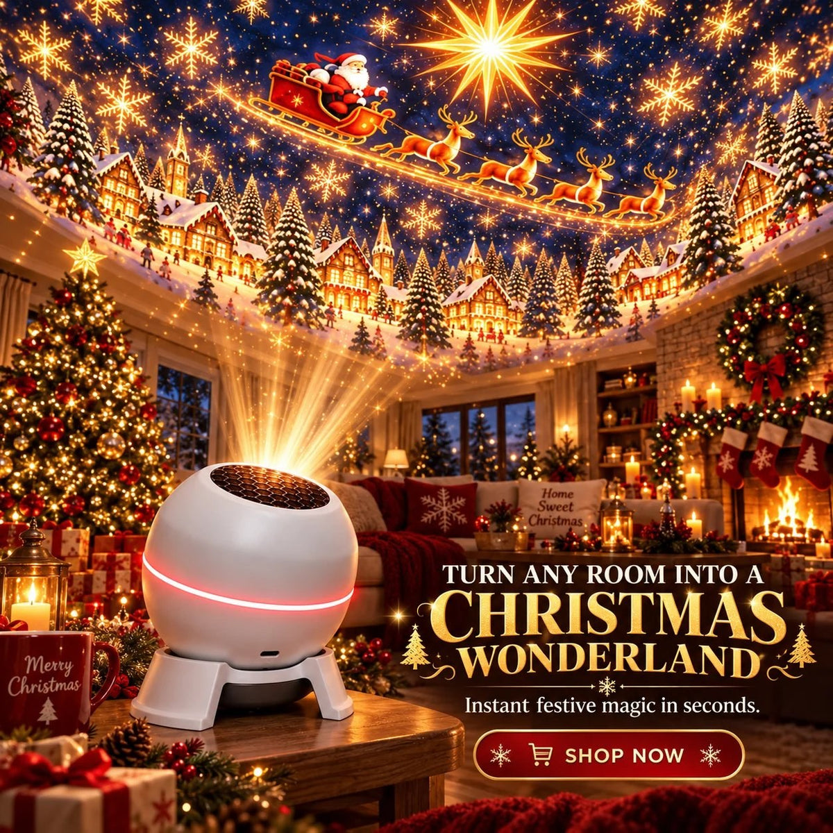 Christmas projection on the walls and ceiling of a living room