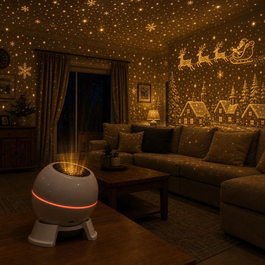 Living room with the Christmas projection switched on