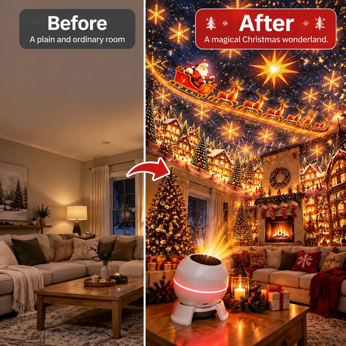 Before and after: an ordinary room becomes a Christmas wonderland