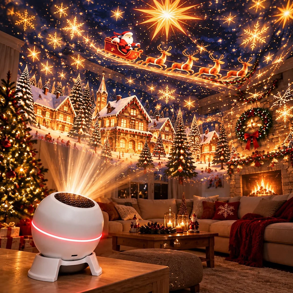 Projector glowing on a table with Santa's sleigh on the ceiling