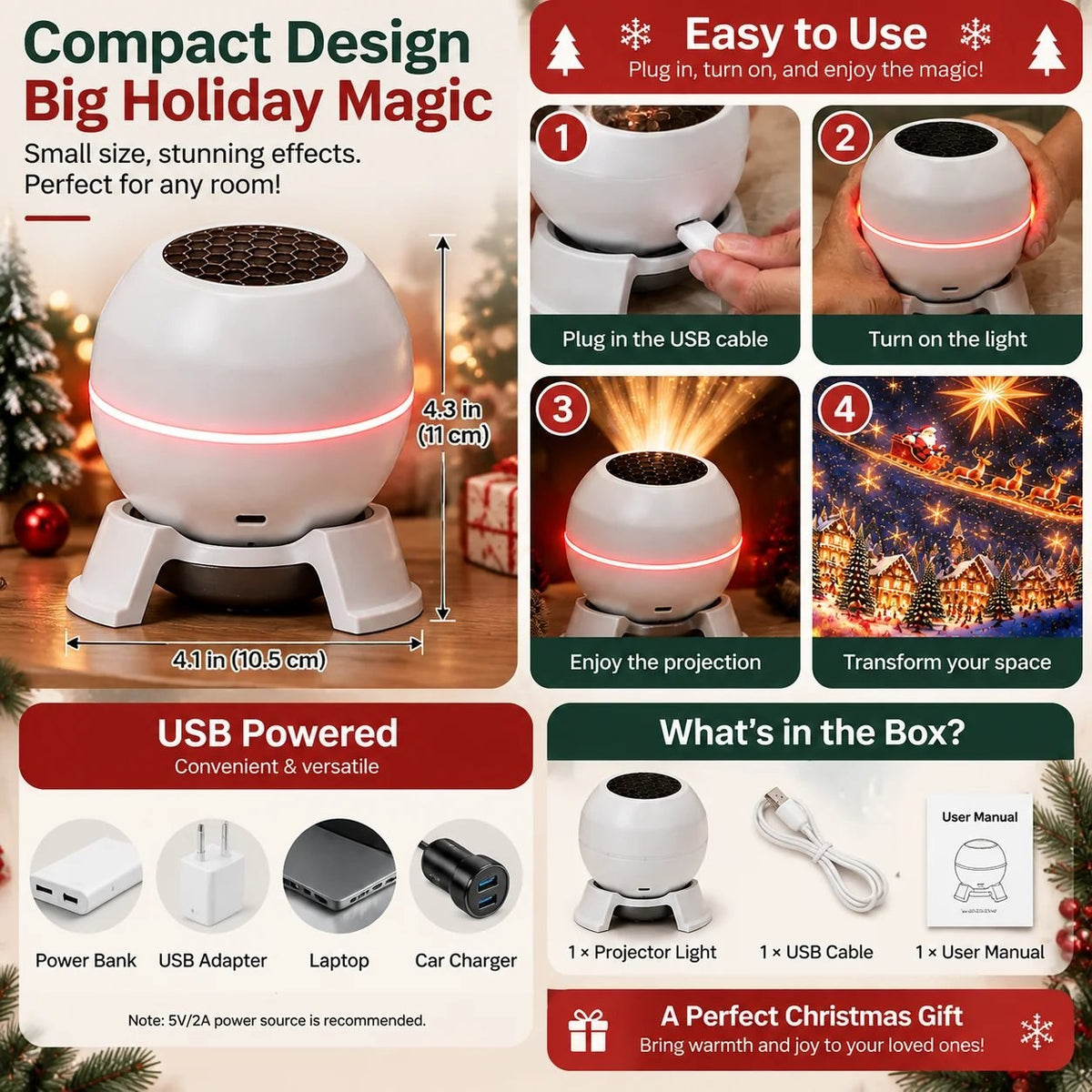 Compact design, USB powered, what's in the box