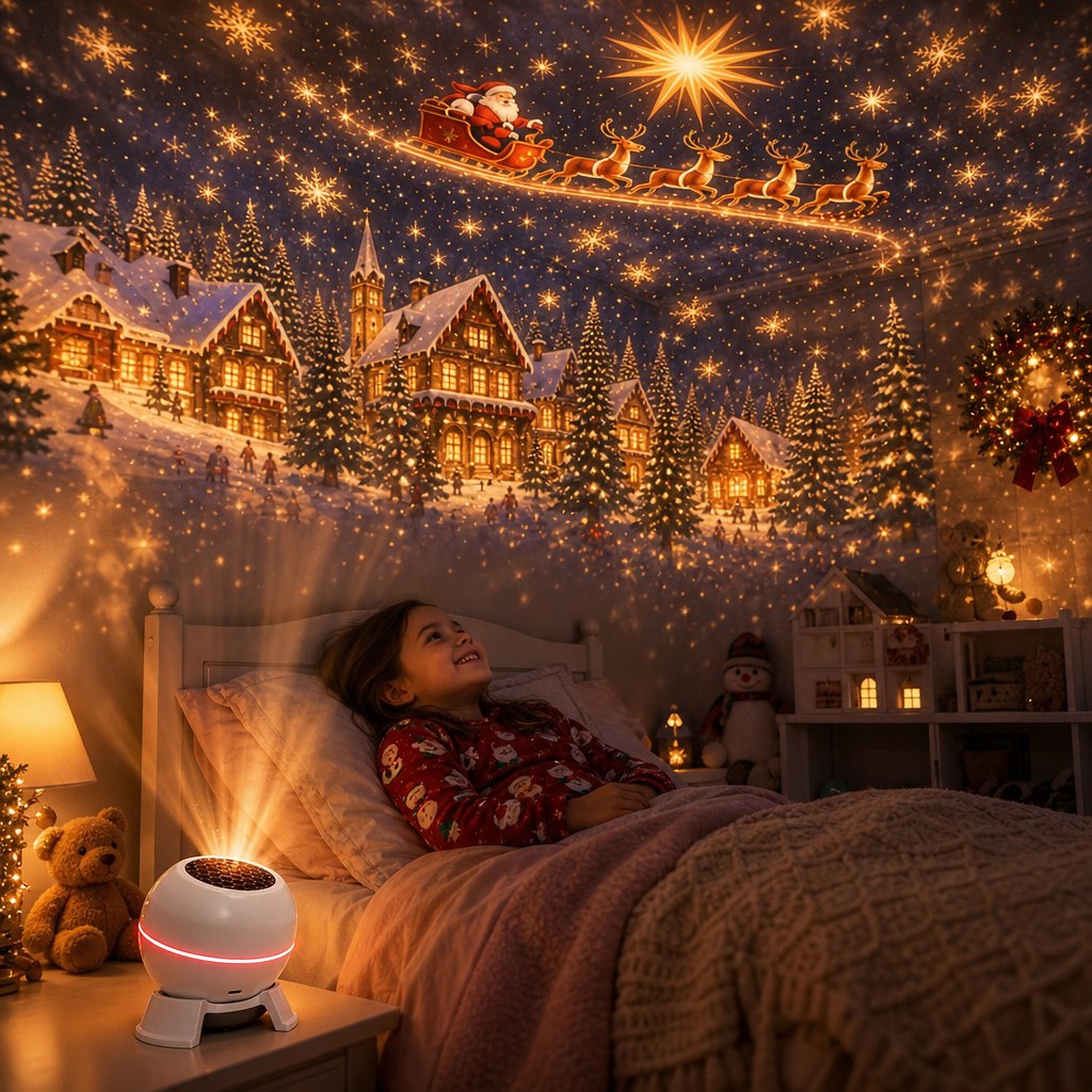 Girl in bed looking at the Christmas projection on her ceiling