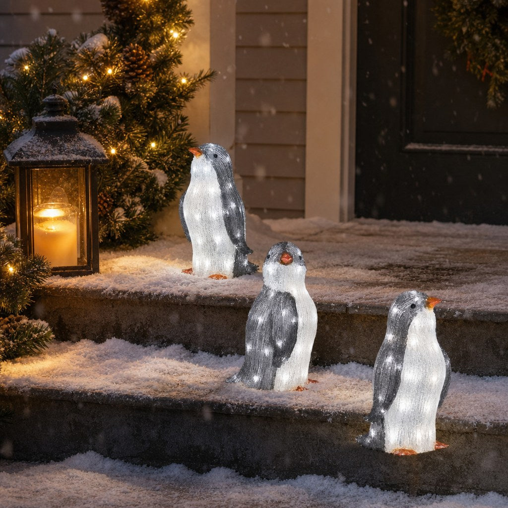 Glowing penguins on snowy porch steps at dusk