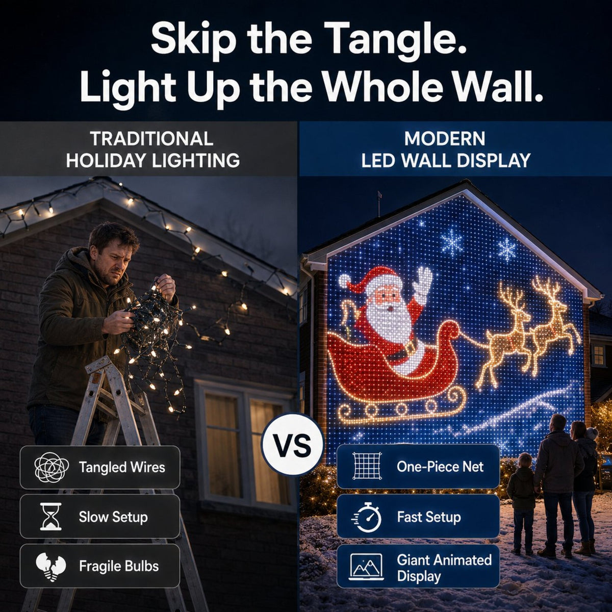 Tangled string lights compared with the one-piece LED wall display