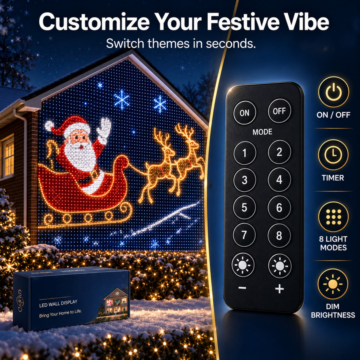 Remote control with 8 light modes, timer and brightness