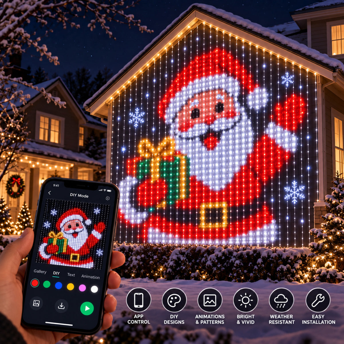 Smartphone app with animations, DIY designs and text for the LED wall display