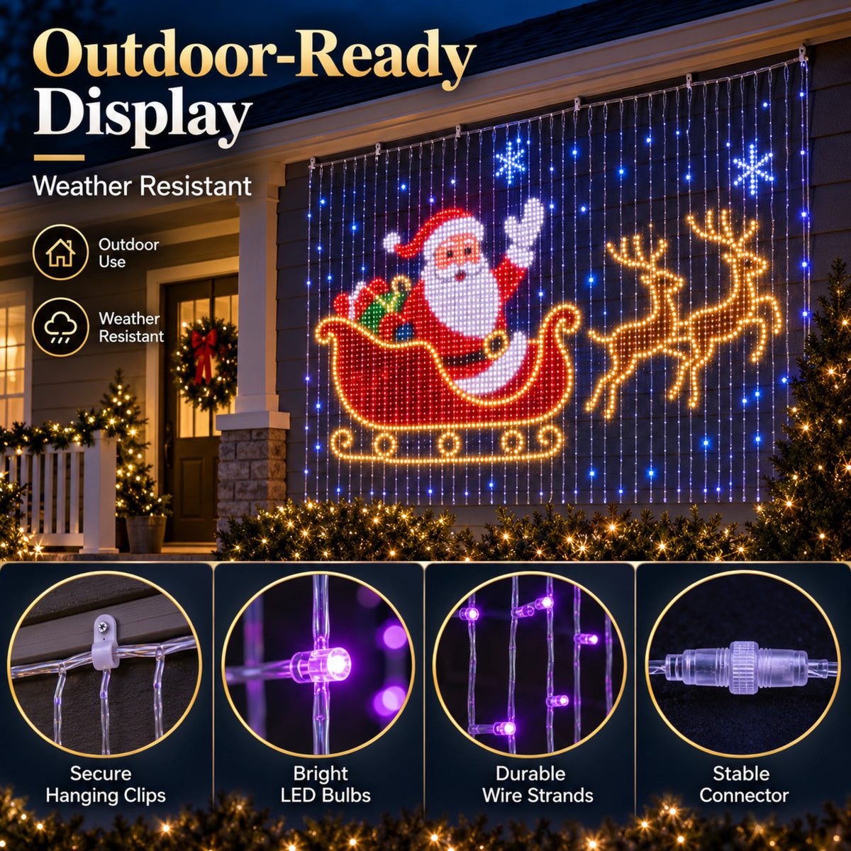 Outdoor-ready LED display with hanging clips, bright LEDs and waterproof connector
