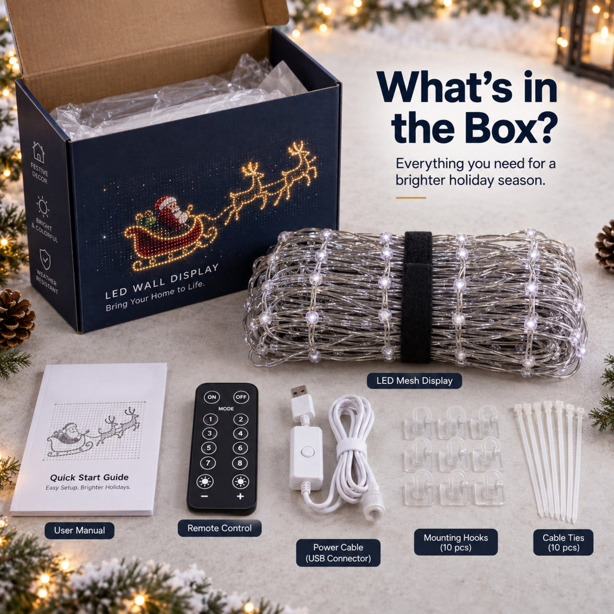What's in the box: LED net display, remote, USB power cable, hooks, cable ties and manual