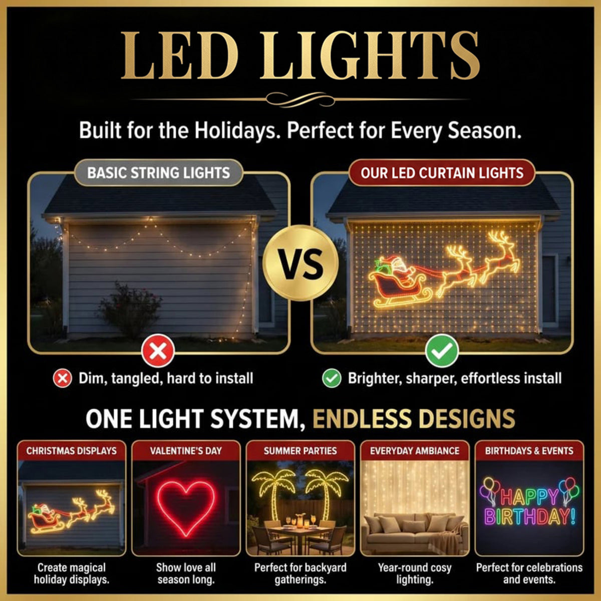 One light system, endless designs for Christmas, Valentine's Day, parties and birthdays
