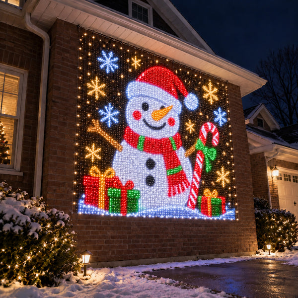 Snowman LED design on a brick wall