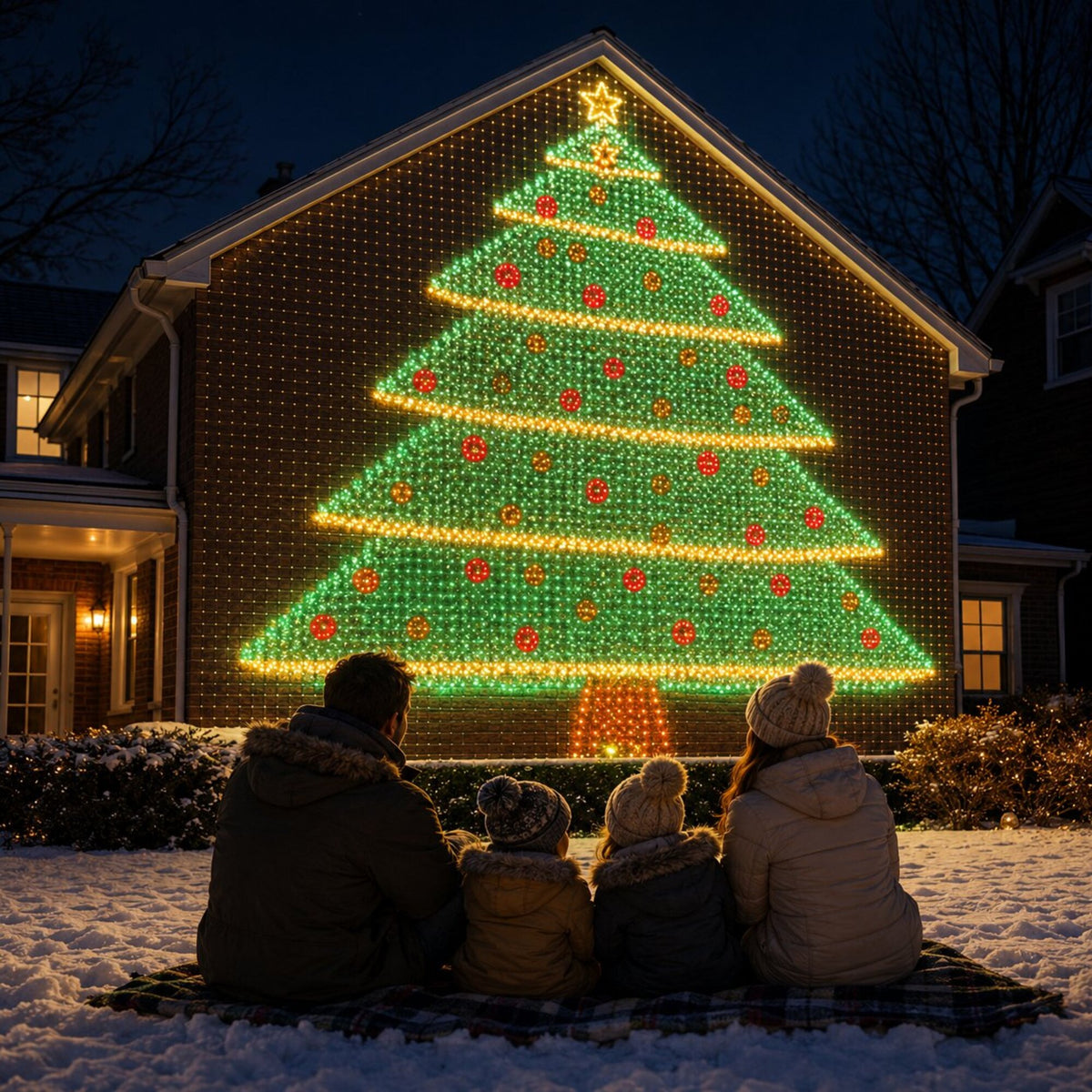 Family watching a giant Christmas tree LED design on their house