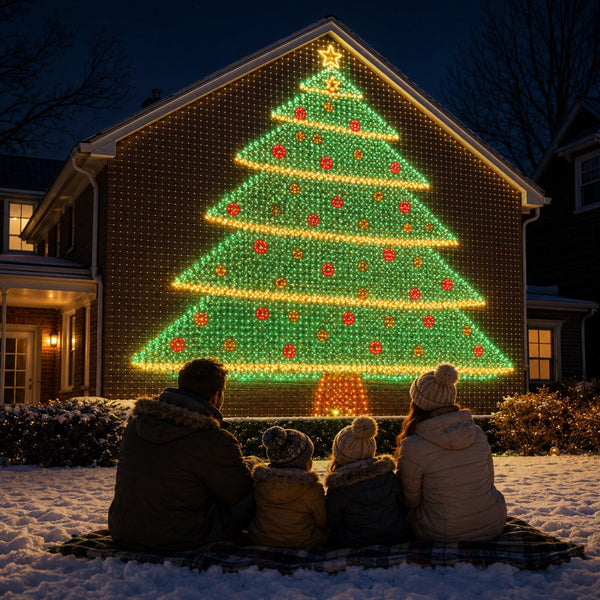 Family watching a giant Christmas tree LED design on their house