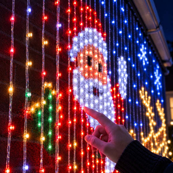 Close-up of the bright LED strands of the wall display