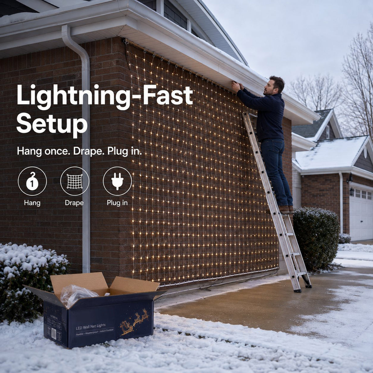 Man hanging the LED net display under the eaves