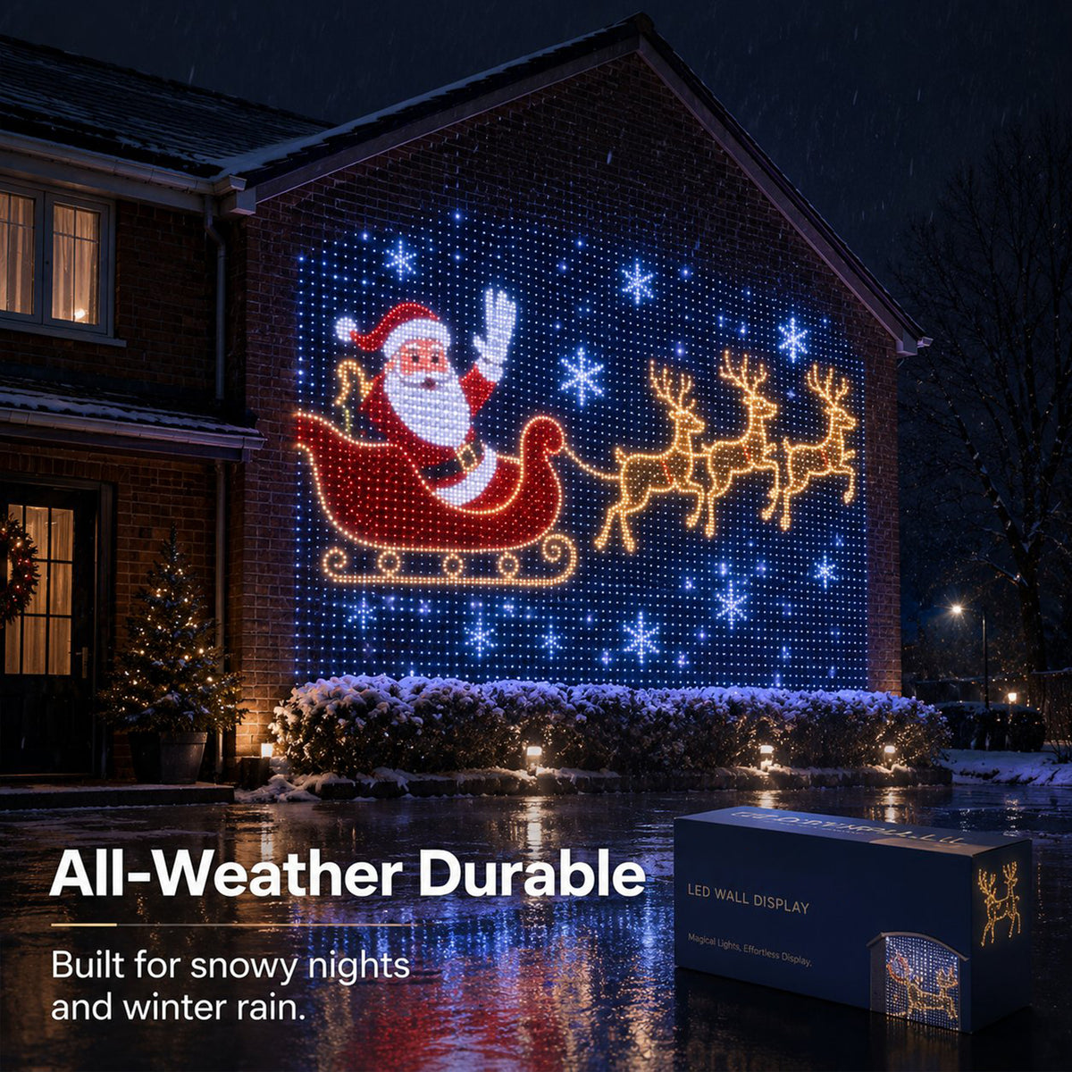 All-weather LED wall display for snowy nights and winter rain