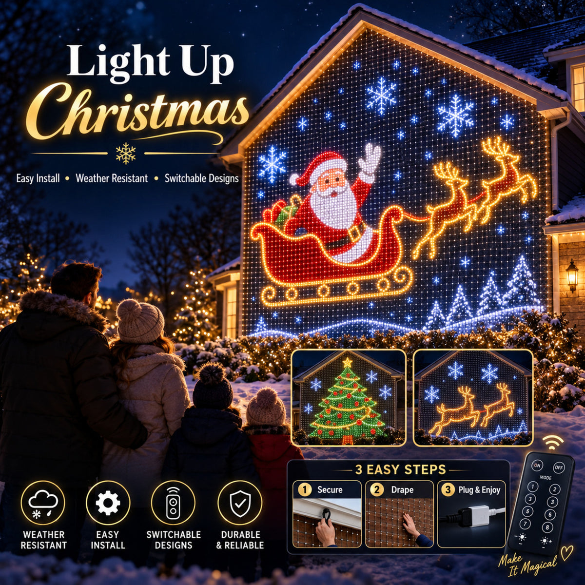 Family admiring their house lit up with the LED Christmas wall display
