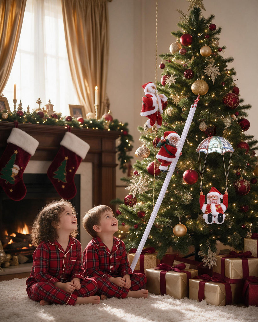 Santa climbing a ladder on a decorated Christmas tree